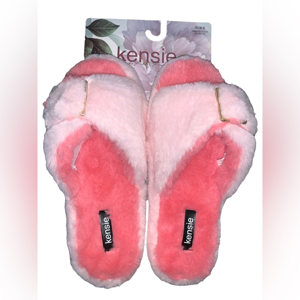 NWT Kensie light pink memory foam open toe faux fur soft slippers bedroom shoes
